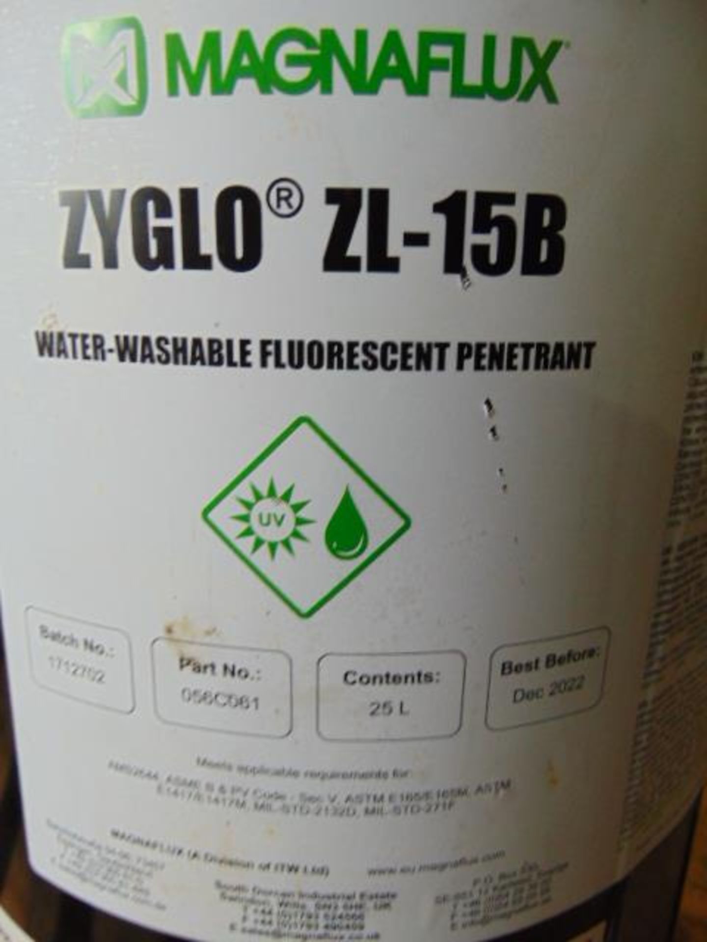 Qty 1 x 25Ltr Zyglo ZL-15B Water Washable Fluorescent Penetrant direct from reserve stores - Image 2 of 2