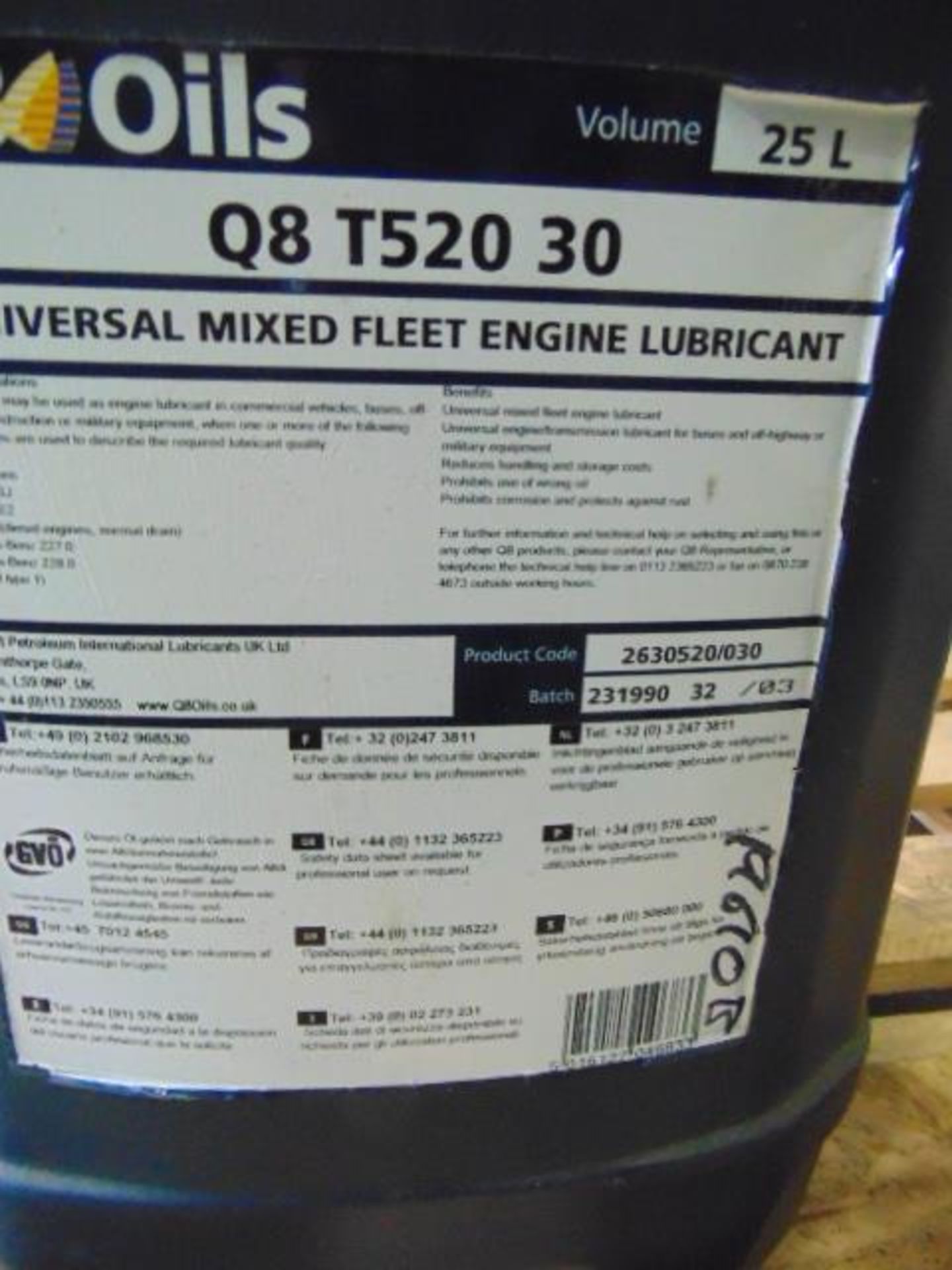 Qty 1 x 25Ltr Q8 T520 30Universal Mixed Fleet Engine Lubricant suitable for trucks HGVs Etc - Image 2 of 2