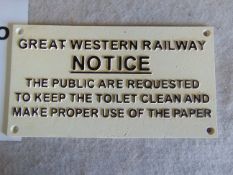 Unissued GWR Cast Iron Railway Sign