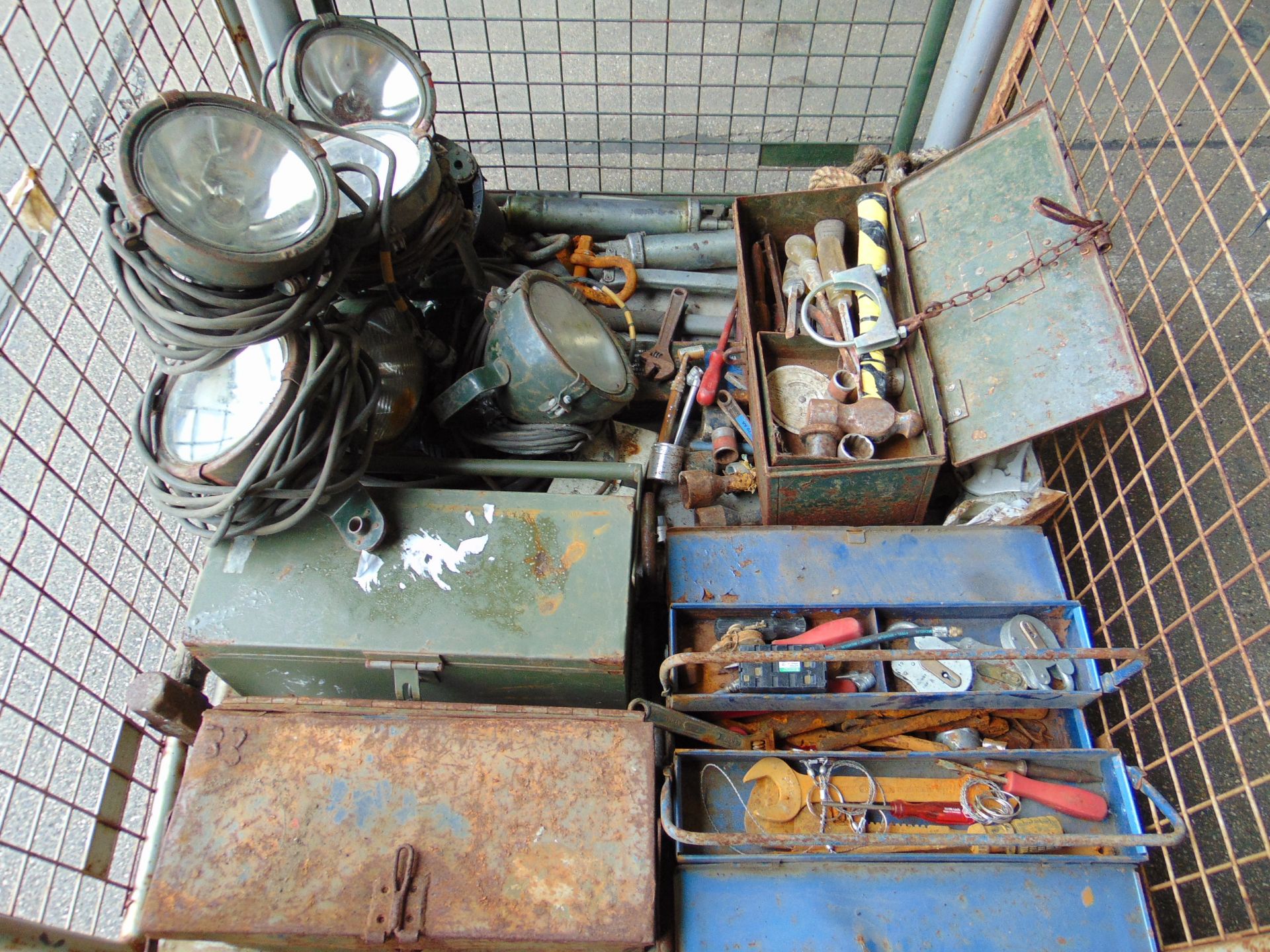 Mixed Stillage of Tools, Tool Boxes, FV Search Lights etc