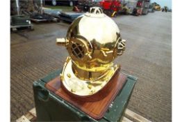 Replica Full Size U.S. Navy Mark V Brass Diving Helmet on Wooden Display Stand.