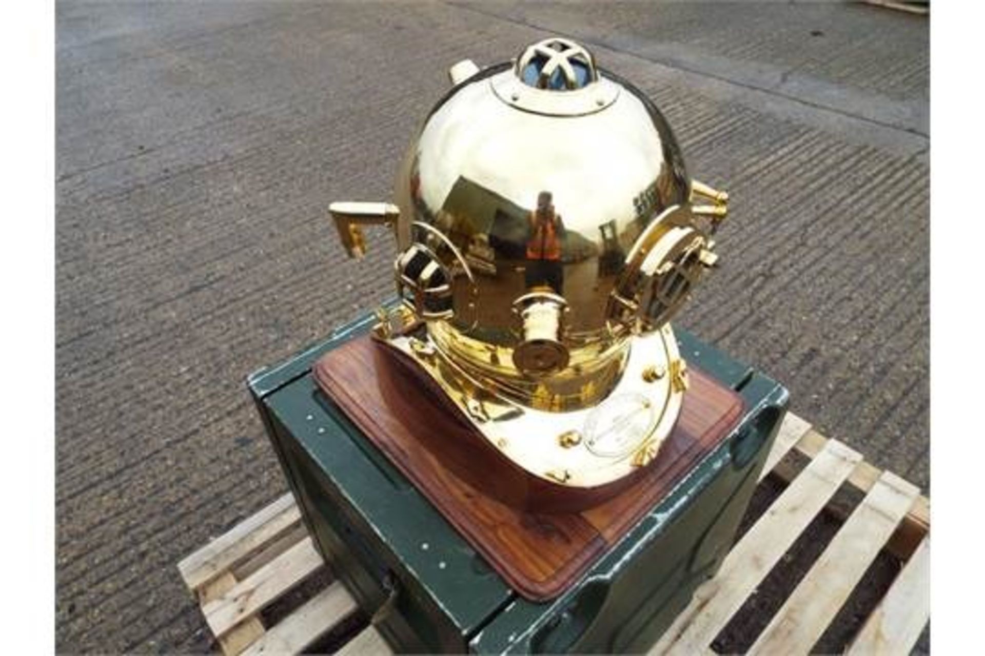 Replica Full Size U.S. Navy Mark V Brass Diving Helmet on Wooden Display Stand. - Image 4 of 5