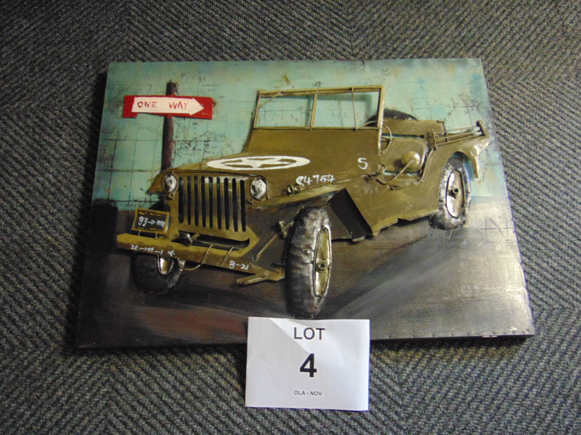 3D WW2 WILLYS JEEP PICTURE IN METAL 80 CM x 60CM