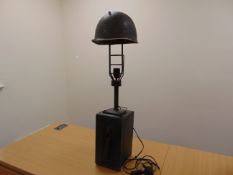 VERY UNUSUAL TABLE LAMP MADE FROM COMBAT HELMET AND 50 CAL AMMO BOX