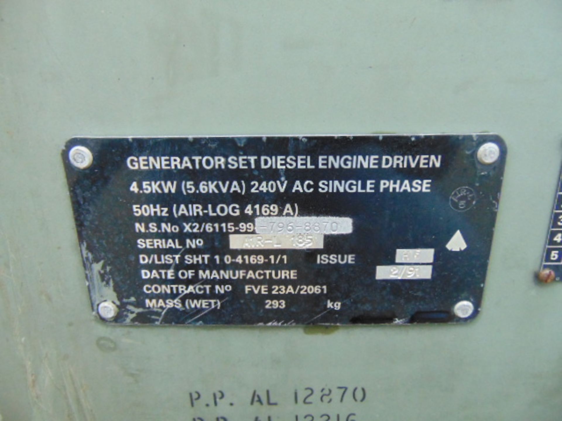 Lister/ Petter 5.6 KVA 240 volt single phase 50 Hz Diesel Generator - Image 7 of 7