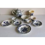 An assortment of early Worcester ceramic (1750-1780) plates bowls, teapot, beaker, etc in various