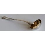 A Victorian silver soup ladle in King's pattern, crested, by Chawner & Co., London, 1848, 34 cm,