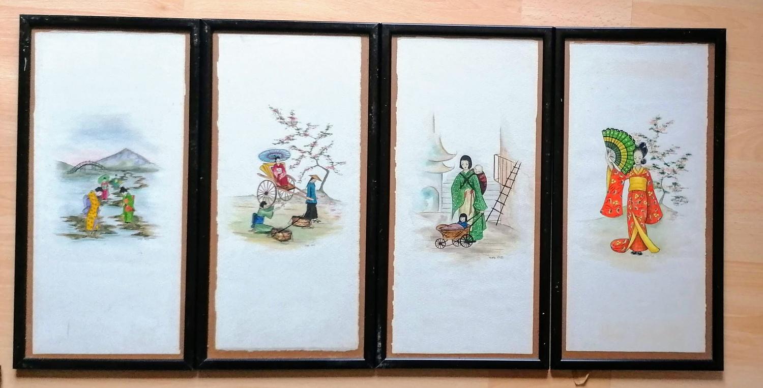 Four mid-20th century Japanese watercolour scenes, signed JAD, dated 1958, framed and mounted (4)