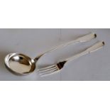 A late Georgian silver Hanoverian soup ladle, initialled, 38 cm and a similar carving fork, crested,