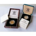 A Royal Mint cased gold proof full sovereign with COA, dated 1998, a similar Silver Proof £1 coin