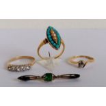 An Edwardian turquoise and seed pearl ring on a gold setting, possibly Indian, size O, not