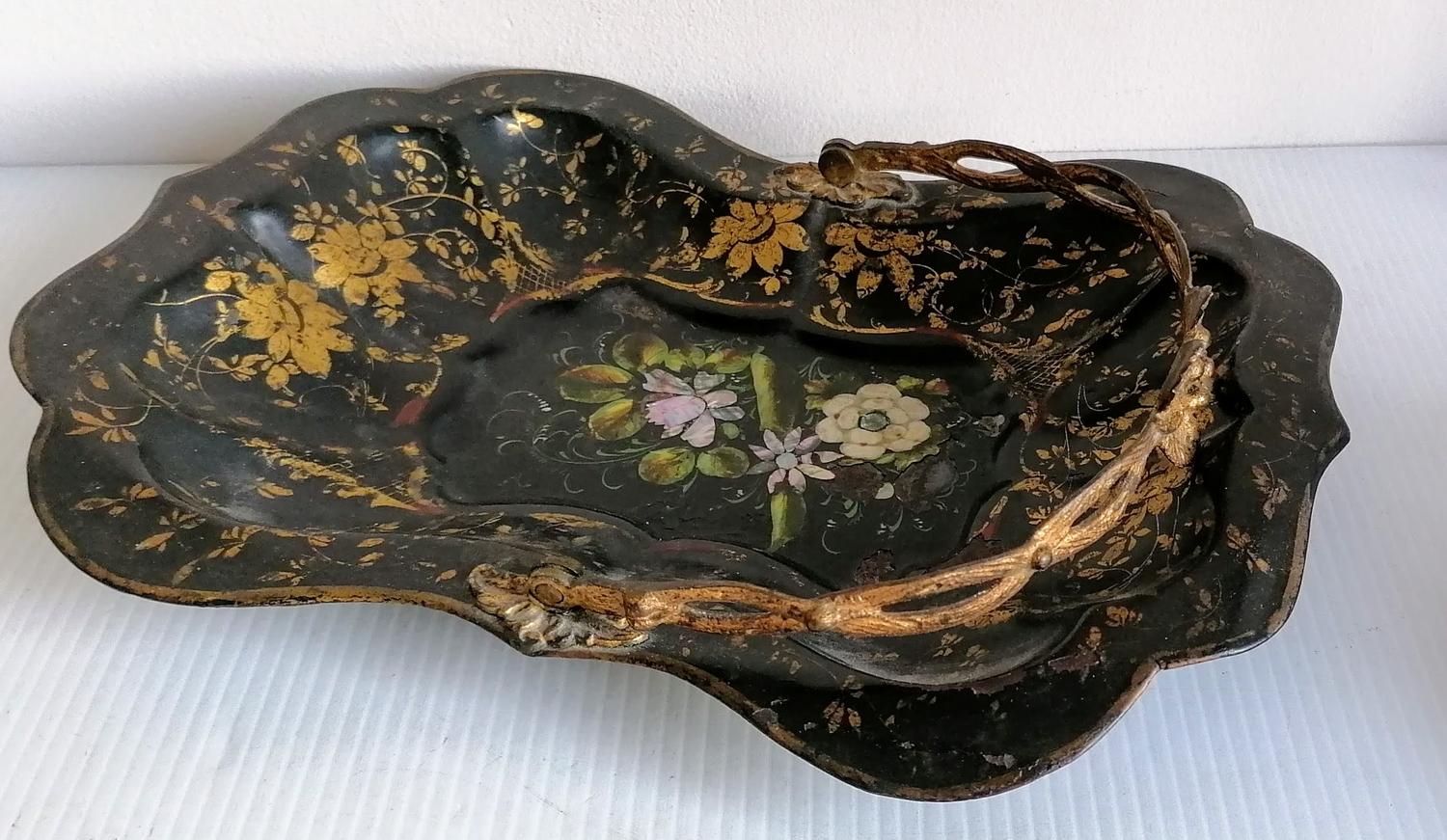 A 19th century Oriental lacquered metal tray with floral mother-of-pearl and gilt decoration with