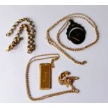 A lacquered Masonic pendant on a gold chain; an oblong milled gold pendant letter J and chain,