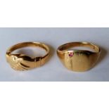 A yellow gold friendship ring and a gents signet ring with garnet decoration, initialled, both