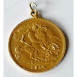 A George V gold half-sovereign, 1914, fitted as a pendant