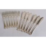 A set of six Hanoverian silver fish knives and forks by James Dixon & Sons, Sheffield, 1939, 523g (