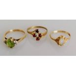 Three gem-set rings on 9ct gold yellow gold, sizes O, N, M, 4.75g (3)