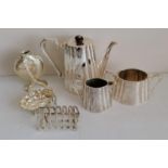 A three-piece silver plated coffee service, toast rack, oval bon-bon dish and a Christofle vase '