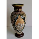 A Doulton Lambeth polychrome stoneware vase by Hannah and Florence Barlow of baluster form, slip-