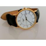 A Longines 18ct gold-cased quartz wrist watch, white dial, Roman numerals, date aperture, inner