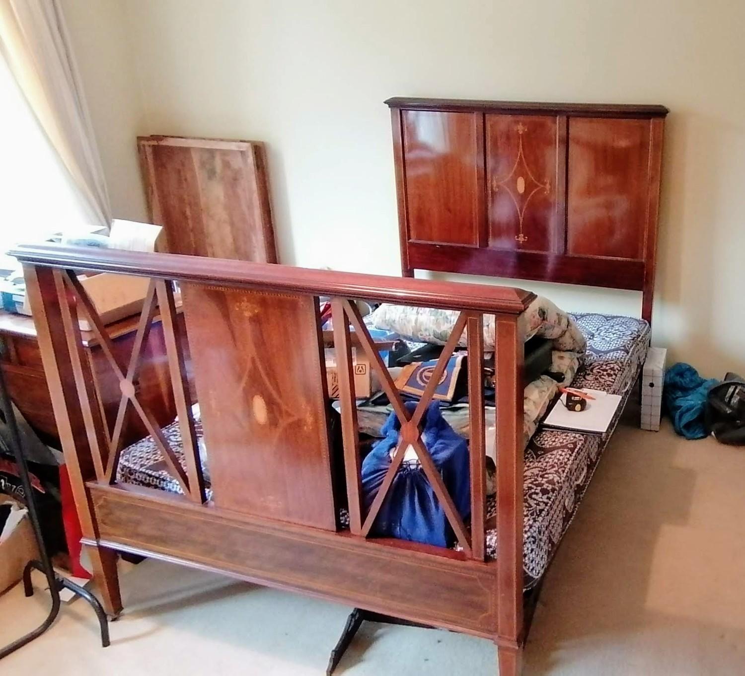 An Edwardian bedroom suite comprising: a treble wardrobe with carved pediment, interior fitted for - Image 2 of 10