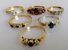 An assortment of six 9ct white and yellow gold gem-set rings, all hallmarked, various sizes, 13g (6)