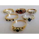 An assortment of six 9ct white and yellow gold gem-set rings, all hallmarked, various sizes, 13g (6)