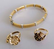 Two stylized floral 9ct yellow gold rings, sizes J, N, and a bangle with white gold accents, 6 x 5