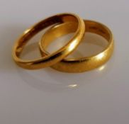 Two 22ct yellow gold wedding bands, 5mm, 3mm, sizes P, Q1/2, hallmarked, 8.81g (2)