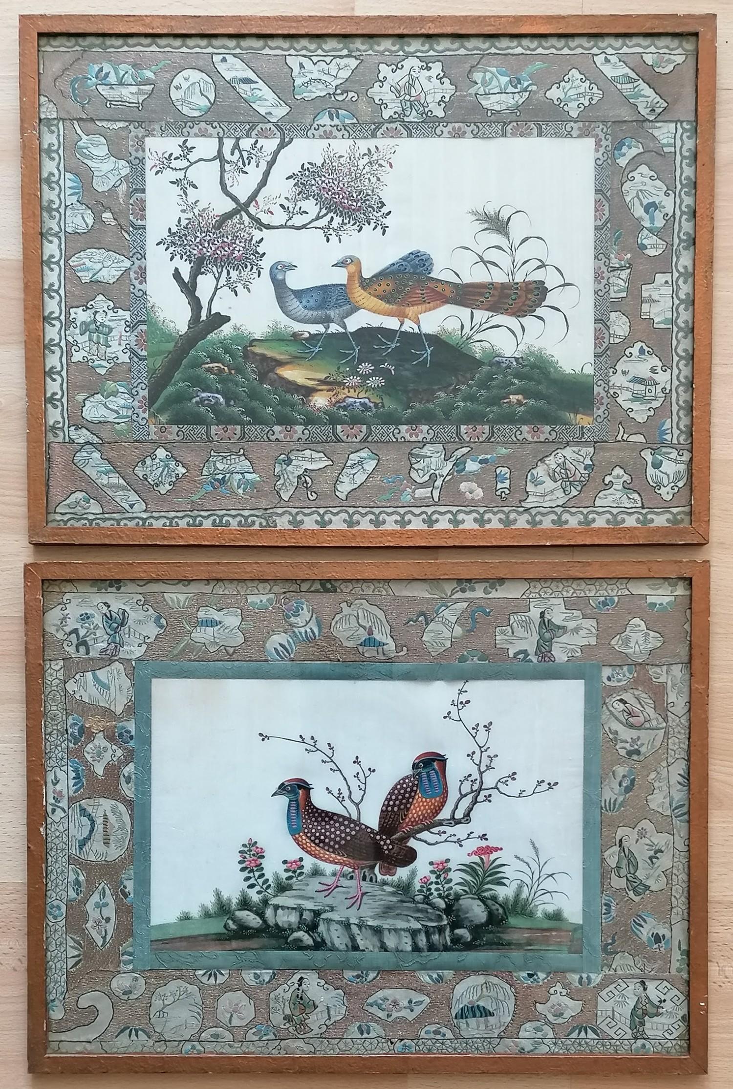 Two 19th century Chinese watercolours on paper of birds with allegorical border depictions in