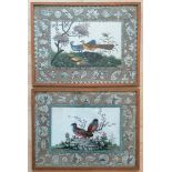 Two 19th century Chinese watercolours on paper of birds with allegorical border depictions in