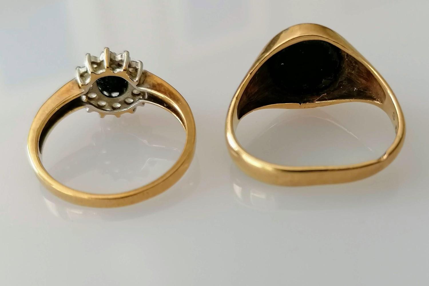 A 9ct yellow gold oval gem-set cluster ring with shoulder decoration, size Q and a gents 9ct gold - Image 3 of 3