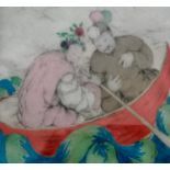 Elyse Ashe Lord RI (1900-1971) FIGURES IN BOAT, drypoint etching with woodblock colouring, framed