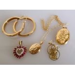 Two pairs of earrings, two lockets, one with chain, engraved and a garnet pendant, all hallmarked or