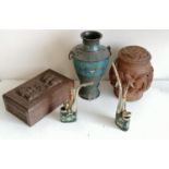 An early 20th century carved Chinese wooden cigarette box, 19 cm W; a tobacco jar, both with