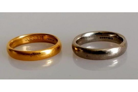 A 22ct yellow gold wedding band, 4.26g and a white 18ct gold wedding band, both size L and - Image 2 of 2