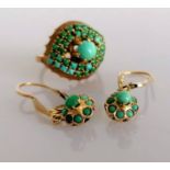 A Middle East-style turquoise ring and matching earrings, tests for high quality gold, size, M, 10.