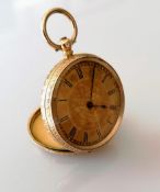 A fin de siècle key-wind gold fob watch with embossed decoration, Roman numerals, dial 35mm