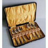 An Art Deco cased set of six coffee spoons and sugar nips with sporting motif by Walker & Hall,