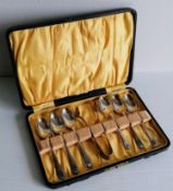 An Art Deco cased set of six coffee spoons and sugar nips with sporting motif by Walker & Hall,