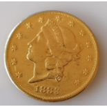 A USA liberty head, double eagle twenty dollar gold coin, 1883, S mint, 33.44g