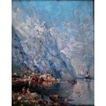 Indistinctly signed, Hungarian impressionist mountain/lake scene, oil on board, 12 x 9 cm in an