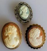 Two oval cameo pendants/brooches on 9ct gold frames, import marks, 36mm, 33mm, 11.55g and another on