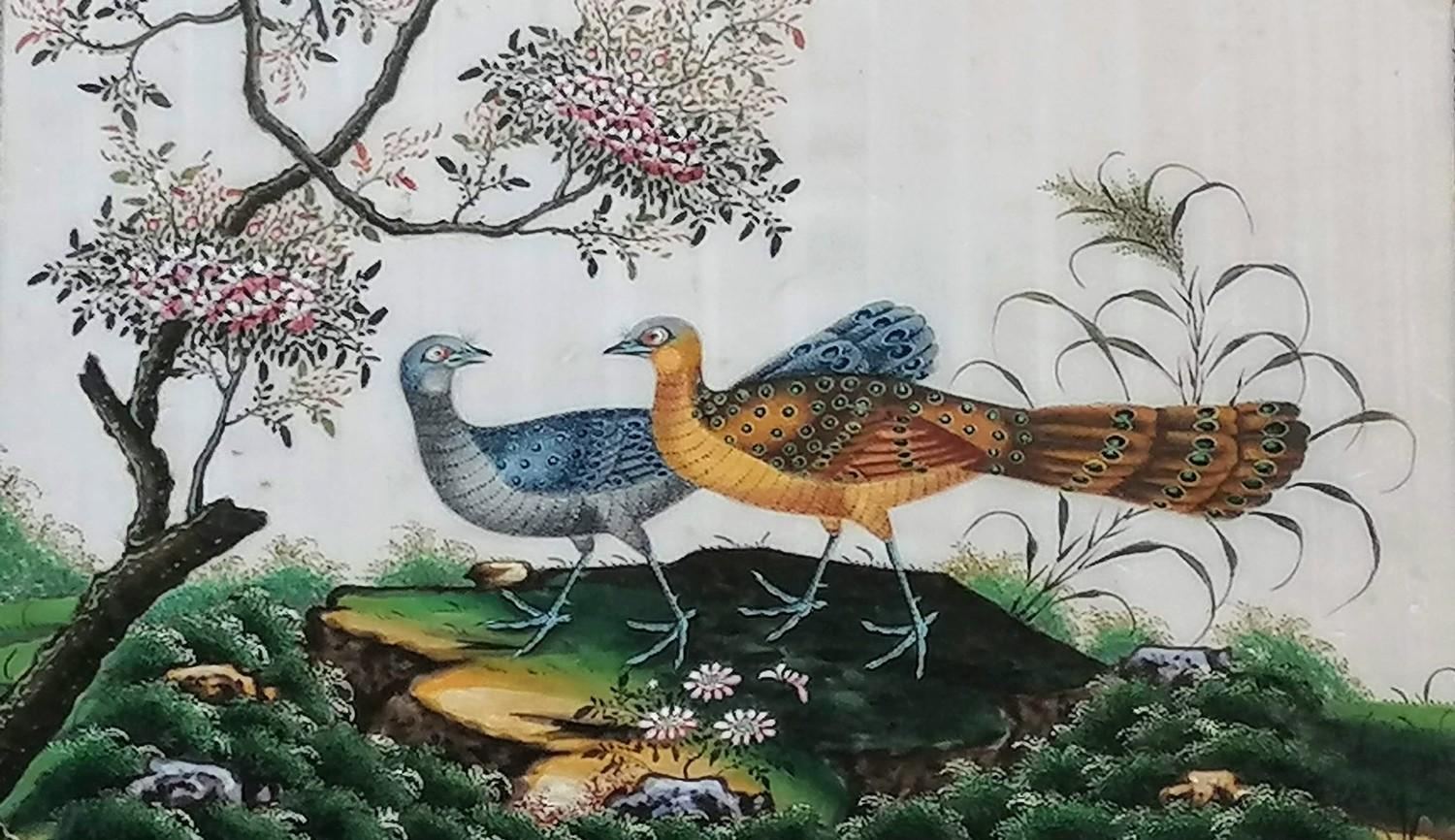 Two 19th century Chinese watercolours on paper of birds with allegorical border depictions in - Image 2 of 7