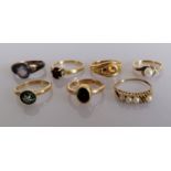 An assortment of seven 9ct gold gem-set rings, mixed sizes, all hallmarked, 17.2g (7)