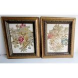 Two framed and glazed floral embroidery panels, possible 17th century, each 24 x 19 cm