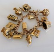 A vintage gold charm bracelet with an assortment of 9ct gold charms, all hallmarked, 95g