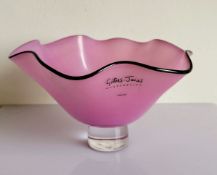 A Gillies Jones Rosedale purple glass bowl with crimped black rim on a short pedestal foot, 9.5 cm