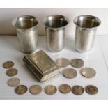 Three Indian silver beakers or julep cups with etched decoration, each stamped T.100 to base, 9.5 cm