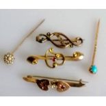 Three gem-set Edwardian brooches, stamped 9ct gold, (one with repair and stones missing) together